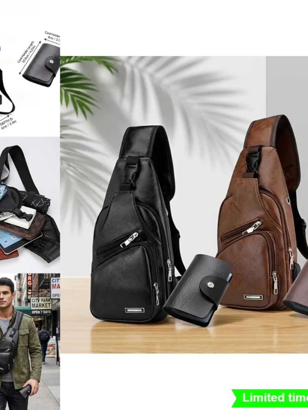 Men's Synthetic Leather Sling Bag with Card Holder Wallet Set
